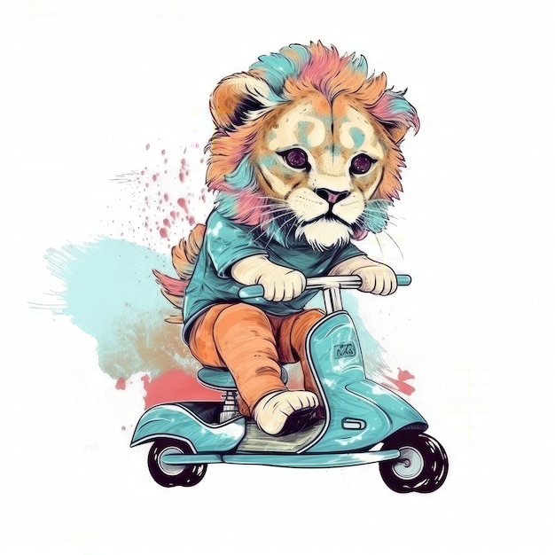 A cartoon drawing of a lion riding a scooter.