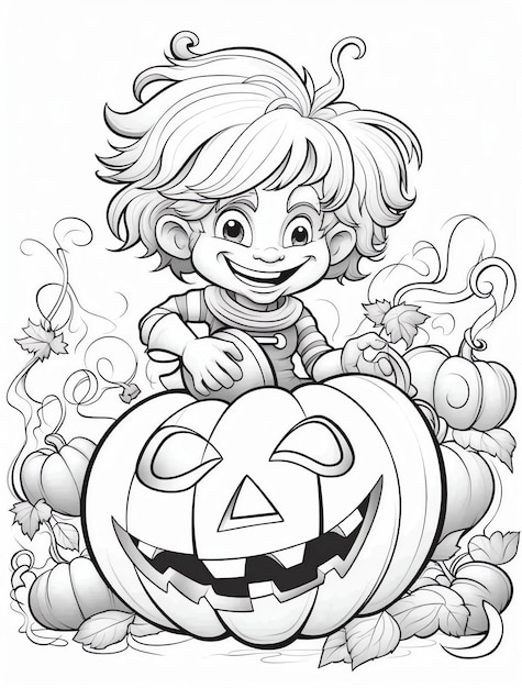 Photo a cartoon drawing of a little girl on a pumpkin with a face on it