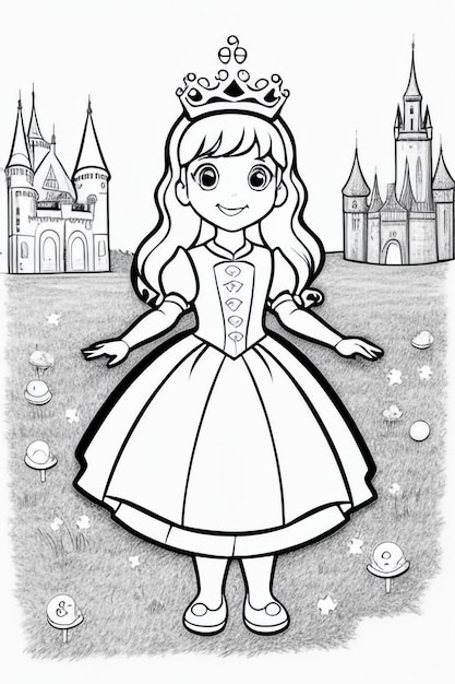 Photo a cartoon drawing of a little girl in a white dress with a castle in the background