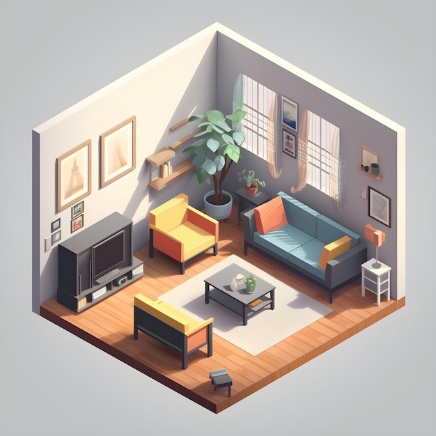 A cartoon drawing of a living room with a couch a couch a coffee table