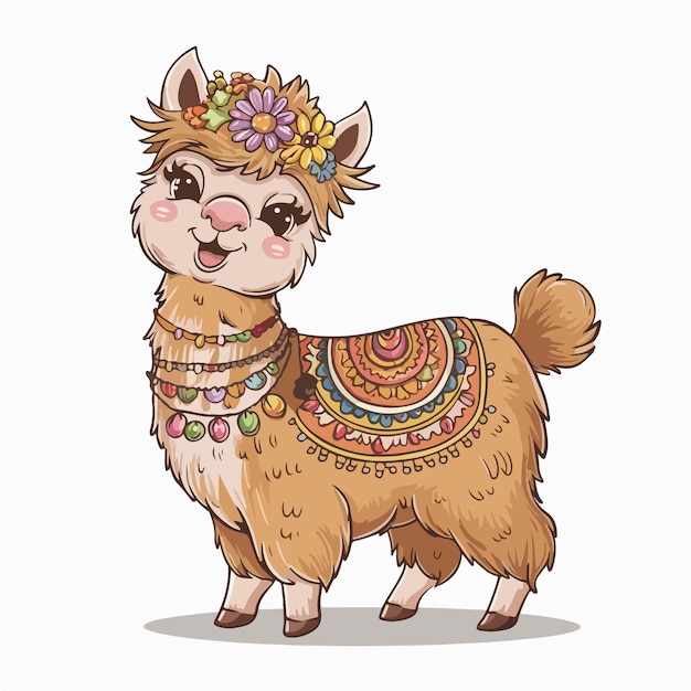 a cartoon drawing of a llama wearing a flower crown