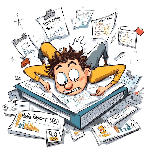 Photo a cartoon drawing of a man laying on a pile of papers with a cartoon character on the bottom