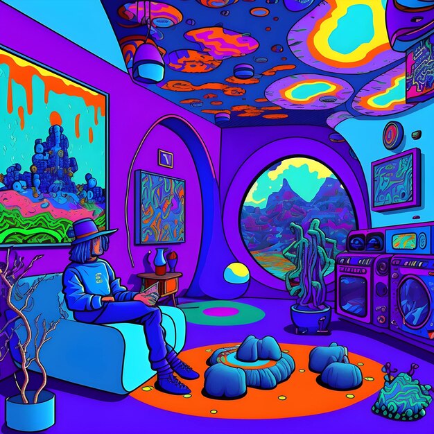 A cartoon drawing of a man sitting in a room with a colorful ceiling.