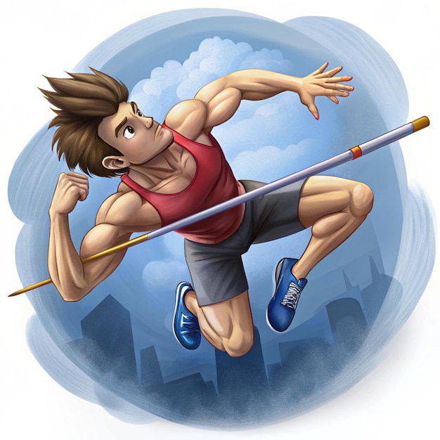 Photo a cartoon drawing of a man with a stick in his hand and the word quot he is about to jump quot