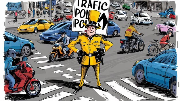 a cartoon drawing of a man in a yellow suit with a sign that says traffic