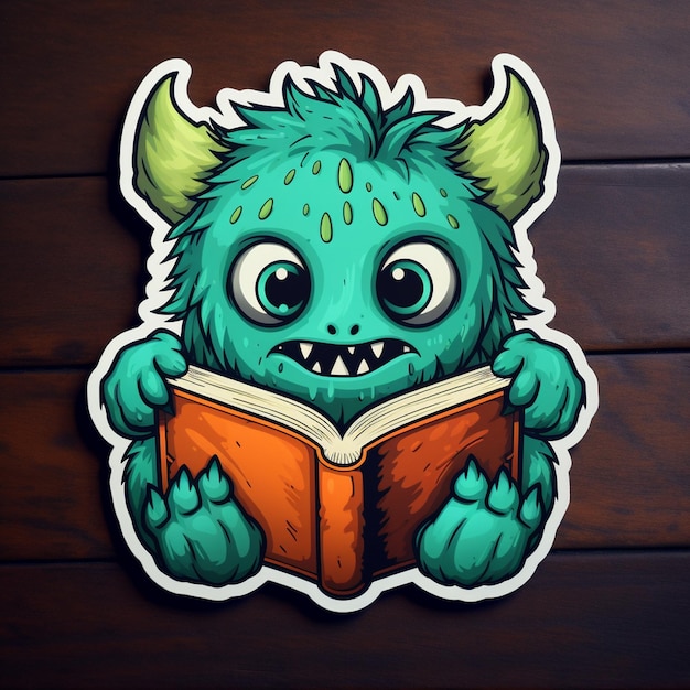 a cartoon drawing of a monster reading a book with a green monster on the front.