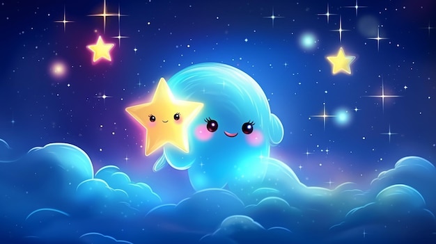 a cartoon drawing of a monster with a blue eyes and a star in the sky