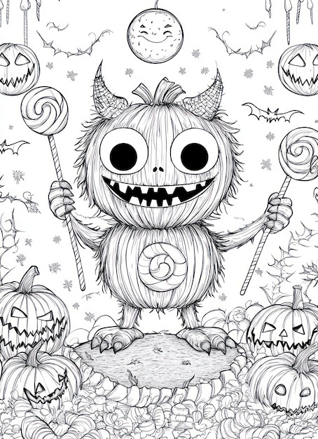 Photo a cartoon drawing of a monster with a pumpkin on it