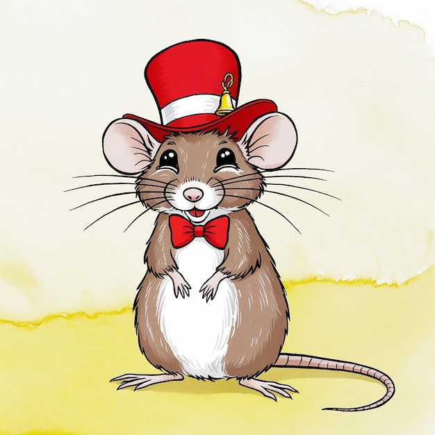 a cartoon drawing of a mouse wearing a red hat