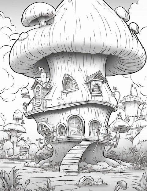 A cartoon drawing of a mushroom house with a staircase going up to it generative ai