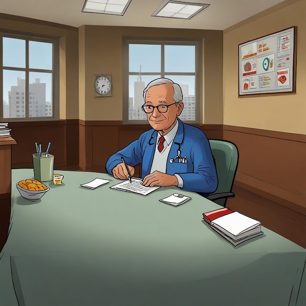 a cartoon drawing of an old man sitting at a table with a book and a picture of an old man in a blue