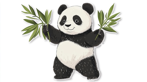 a cartoon drawing of a panda holding bamboo leaves