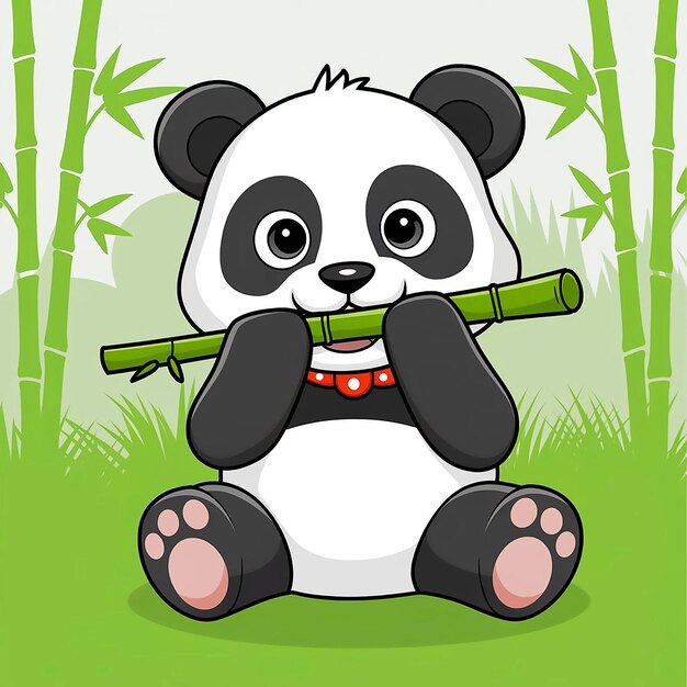 Photo a cartoon drawing of a panda holding a bamboo stick with bamboo in the background