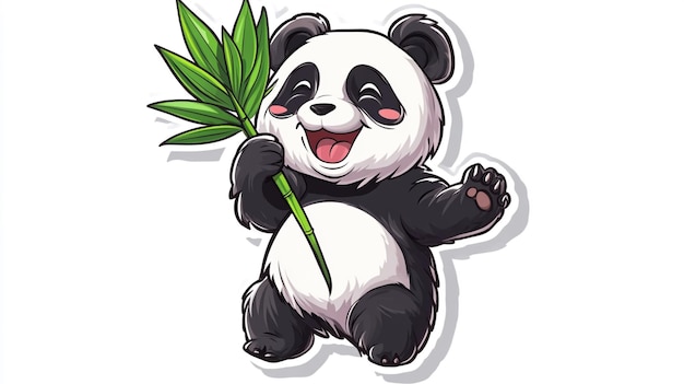 a cartoon drawing of a panda holding a bamboo stick