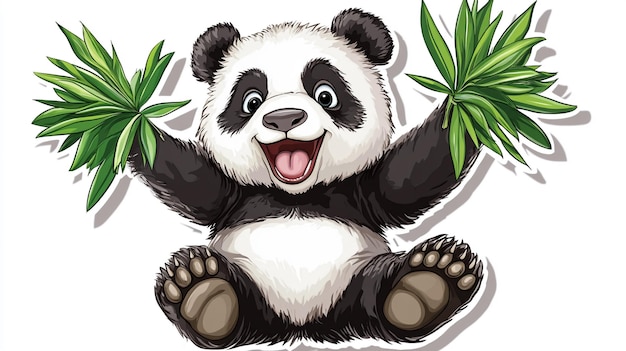 a cartoon drawing of a panda with palm leaves