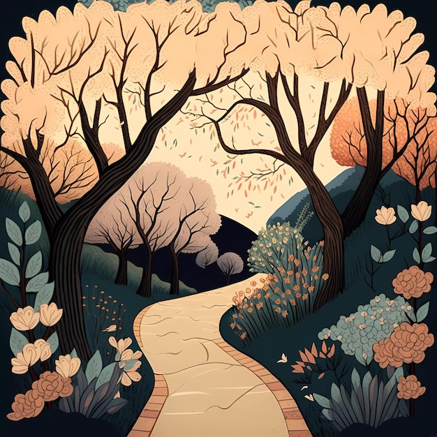 A cartoon drawing of a path in a forest with flowers and trees.