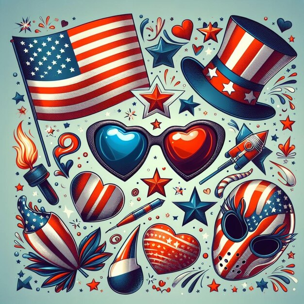 Photo a cartoon drawing of a patriotic hat and a flag with a heart that says usa