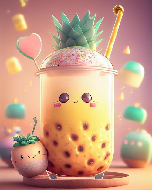 A cartoon drawing of a pineapple milkshake with a balloon and a strawberry on the top.