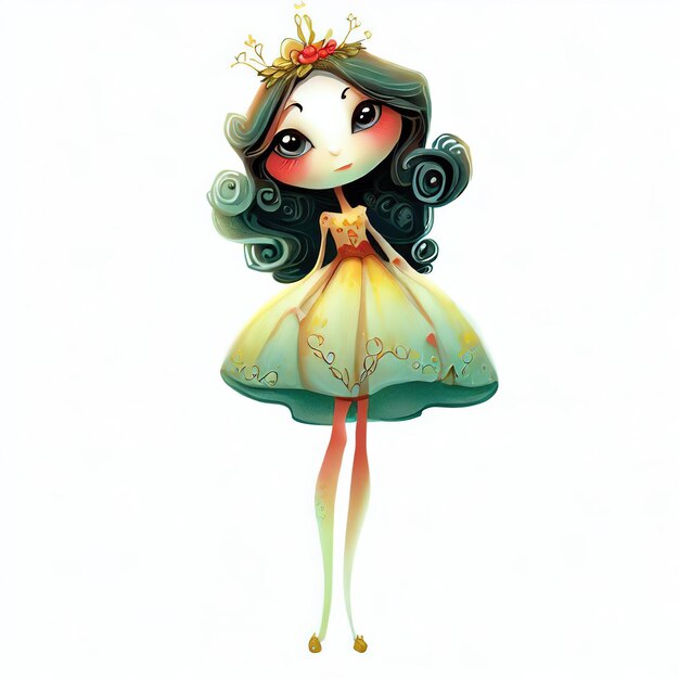 A cartoon drawing of a princess wearing a yellow dress with a crown on it.