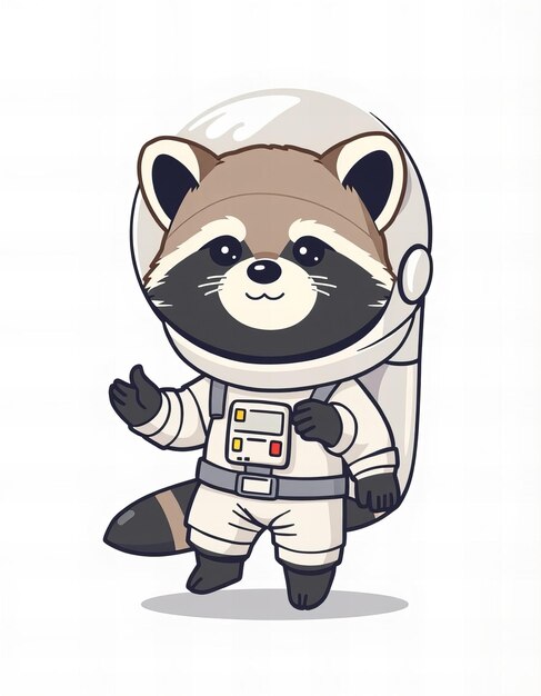 a cartoon drawing of a raccoon wearing a space suit