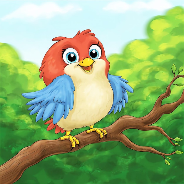 a cartoon drawing of a red and blue bird on a tree branch