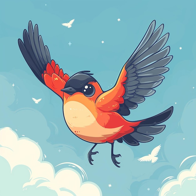 a cartoon drawing of a red and orange bird with a blue background with white birds flying in the sky