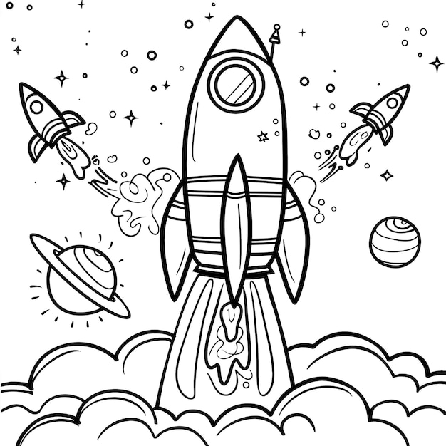 Photo a cartoon drawing of a rocket with a space ship in the background