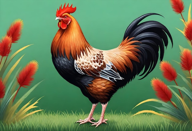 a cartoon drawing of a rooster in a field of grass