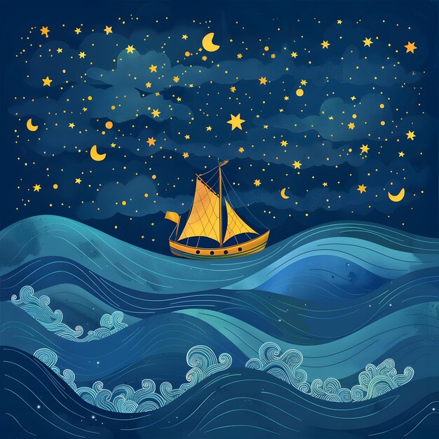 a cartoon drawing of a sailboat floating in the ocean with the stars on the background