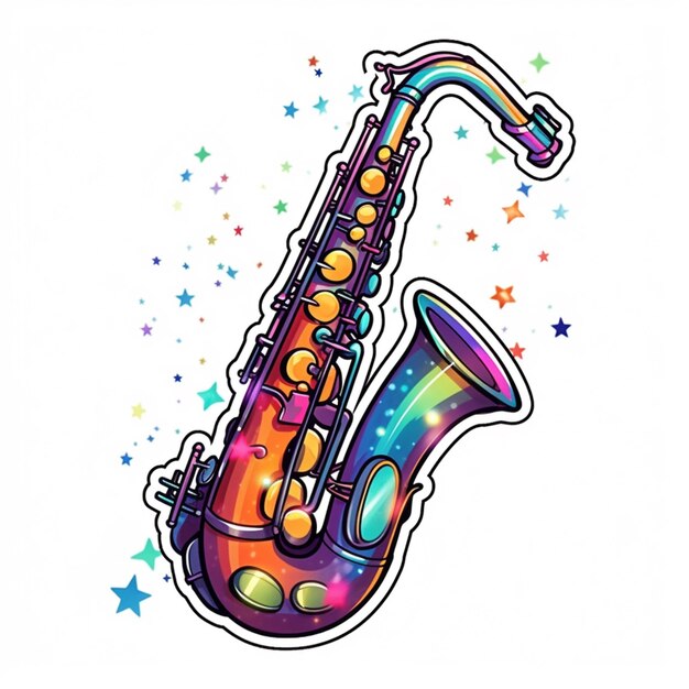 Photo a cartoon drawing of a saxophone with a rainbow colored body generative ai