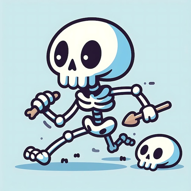 Photo a cartoon drawing of a skeleton running with two skulls