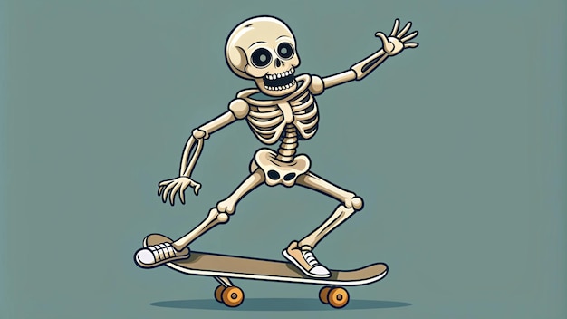 a cartoon drawing of a skeleton on a skateboard with the words quot skeleton quot on it