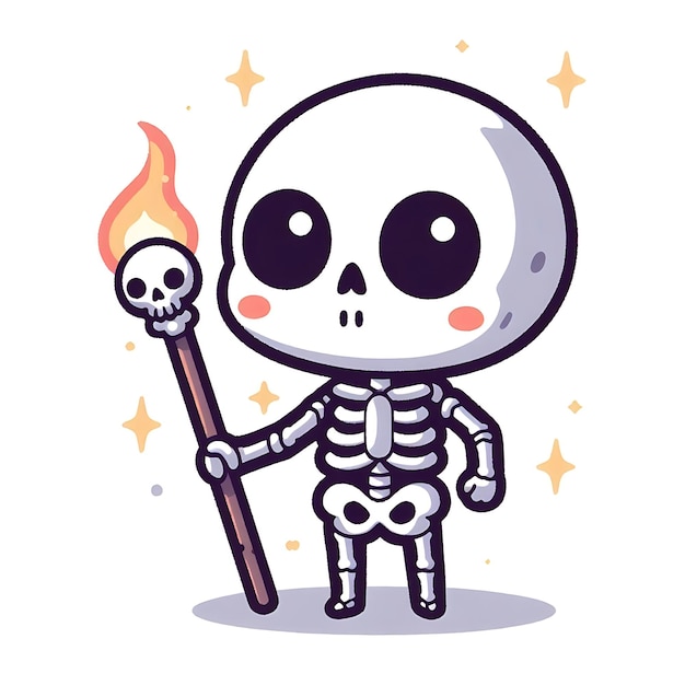 Photo a cartoon drawing of a skeleton with a long stick and a skull with a skull on it