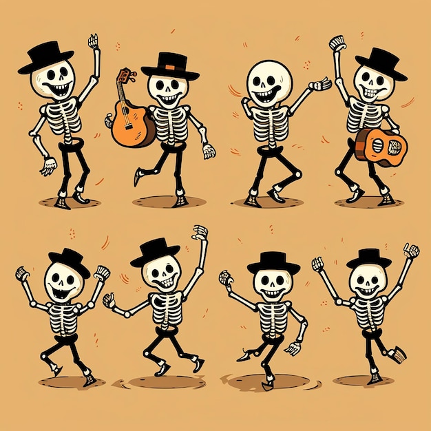 Photo a cartoon drawing of skeletons and a guitar