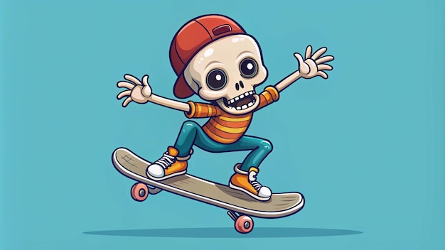 Photo a cartoon drawing of a skull on a skateboard with the words quot skeleton on it quot