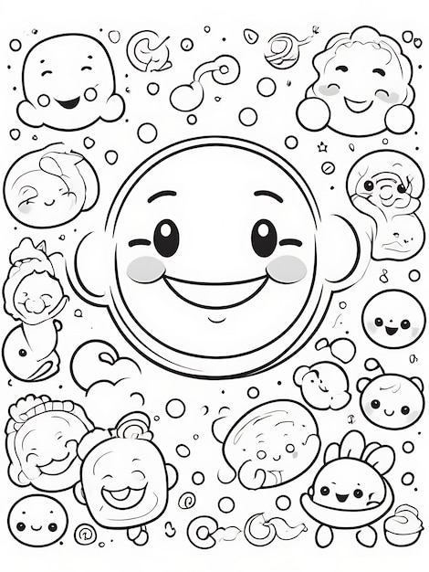 a cartoon drawing of a smiling monkey with many faces