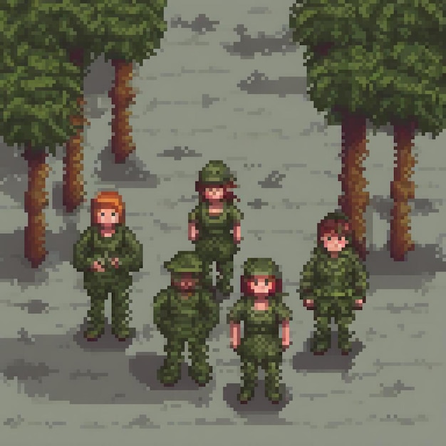 a cartoon drawing of soldiers in the woods with trees in the background