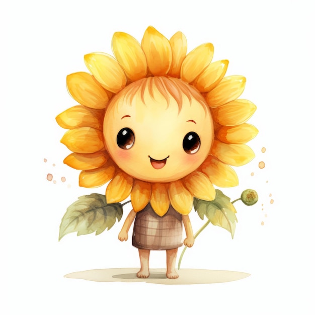 a cartoon drawing of a sunflower with a girl holding a sunflower