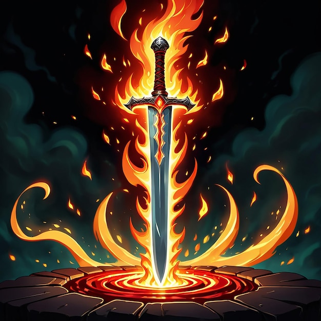 Photo a cartoon drawing of a sword with flames and a fire