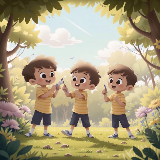 A cartoon drawing of three boys holding guns in a forest.