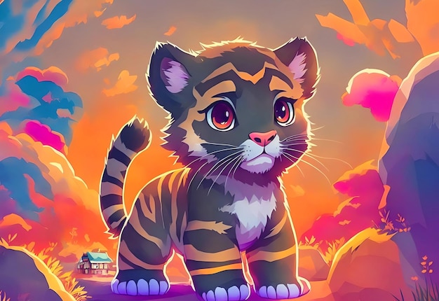 A cartoon drawing of a tiger that is on a colorful background.