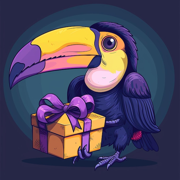 Photo a cartoon drawing of a toucan with a yellow beak and a black and blue background