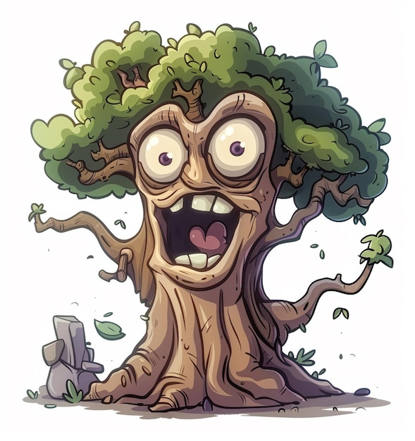 Photo a cartoon drawing of a tree with a monster face and a piece of wood in it