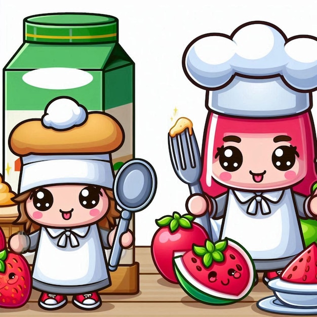 a cartoon drawing of two chefs and a container of strawberries