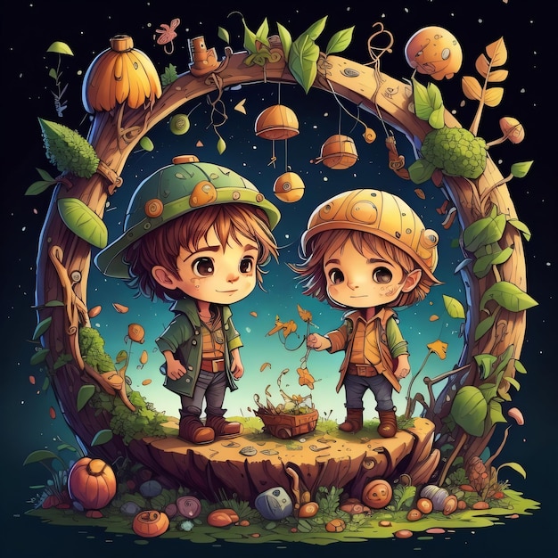 A cartoon drawing of two children standing on a hill with a tree and leaves on it.