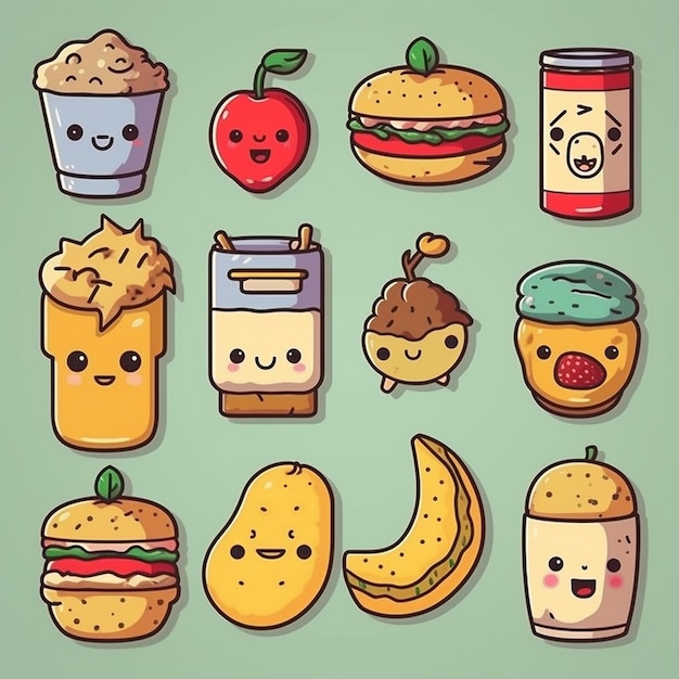 a cartoon drawing of a variety of food including a cartoon face