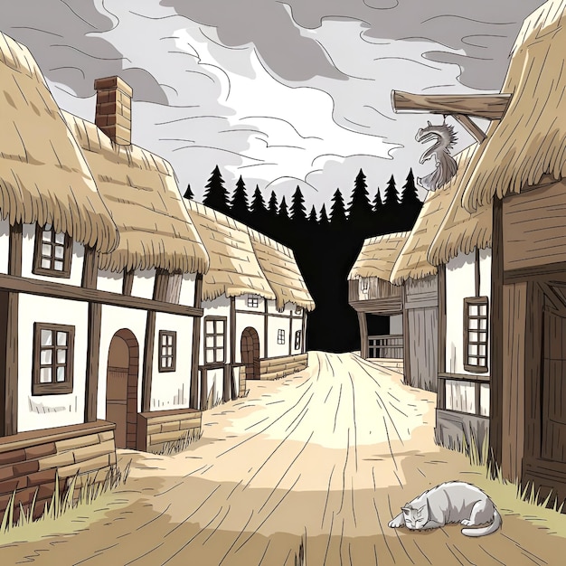 a cartoon drawing of a village with a dog laying on the ground