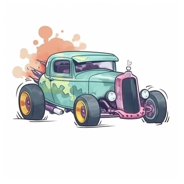 A cartoon drawing of a vintage car with a green and pink paint job.