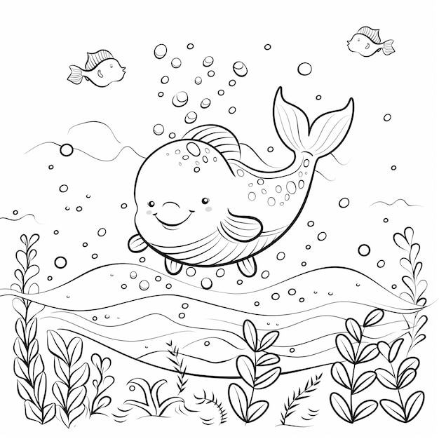 Photo a cartoon drawing of a whale and some seaweed