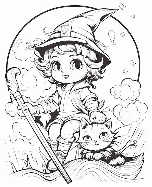 a cartoon drawing of a witch and a cat with a broom and a broom